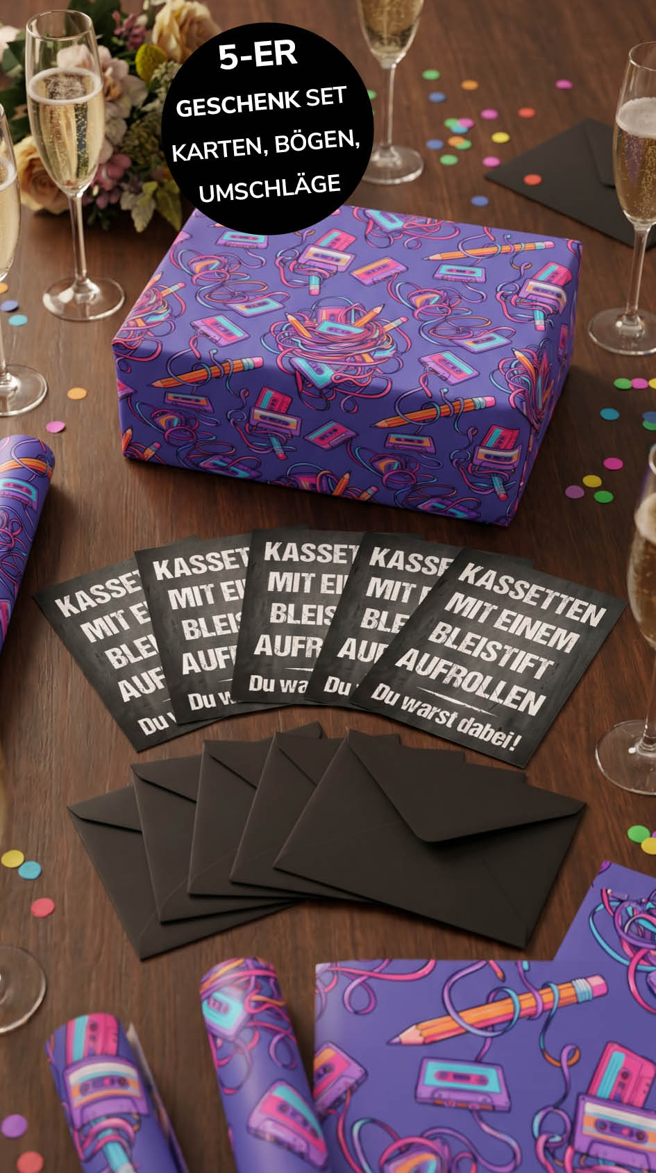 Retro Geschenkpapier 5er Set Kassette Mixtape, Geschenkverpackung DIN A2, Geburtstags Karte inkl. Umschlägen